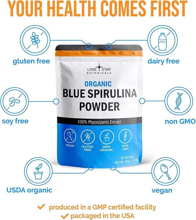 Organic Blue Spirulina Powder - 100% Pure Superfood Blue-Green Algae Natural Food Coloring for Smoothies &amp Protein Drinks - Non GMO Gluten-Free Vegan + USDA Certified 300 Servings No Fishy Sm