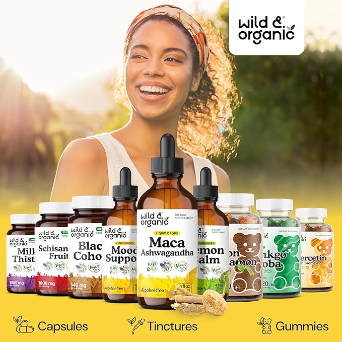 Wild &amp Organic Maca Root Ashwagandha Drops for Men and Women - Liquid Maca Ashwagandha Supplement for Overall Support - Peruvian Extract Tincture - Vegan Sugar &amp Alcohol-Free - 4 fl oz