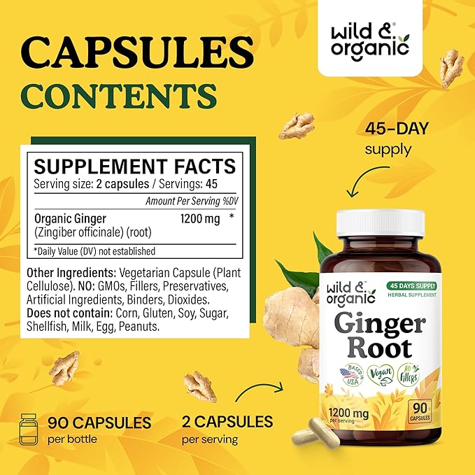 Wild &amp Organic Ginger Root Capsules 1200 mg - Immune &amp Digestive Support - Natural Ginger Supplements - Zingiber Officinale Powder - 45 Days of Supply - Vegan No Fillers Non-GMO - 90 Count