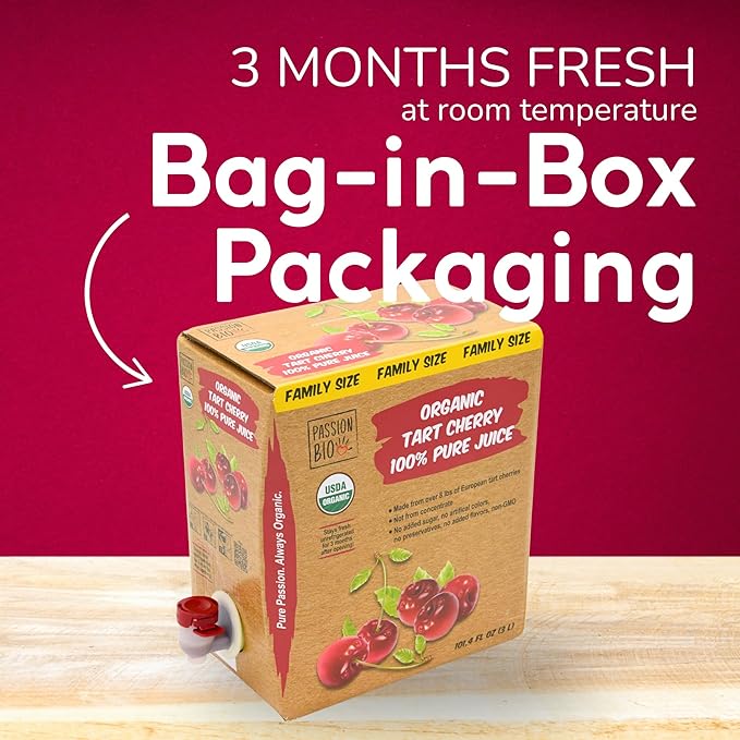 Organic Tart Cherry Juice Box 101.4 Fl Oz | Pure Fruit Juice Not From Concentrate | Organic Vegan Non-GMO | No Added Sugar Easy-Pour Tap Packaging