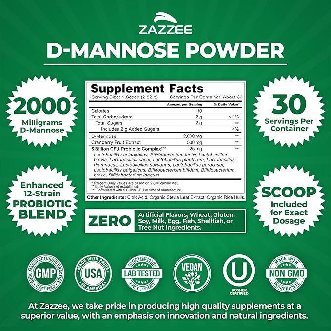 Zazzee D-Mannose Powder Plus 2000 mg 30 Servings Plus 5 Billion CFU Probiotics and Pure Cranberry Juice Extract Certified Kosher Free Scoop 2.98 oz Urinary Tract Support Non-GMO All-Natural
