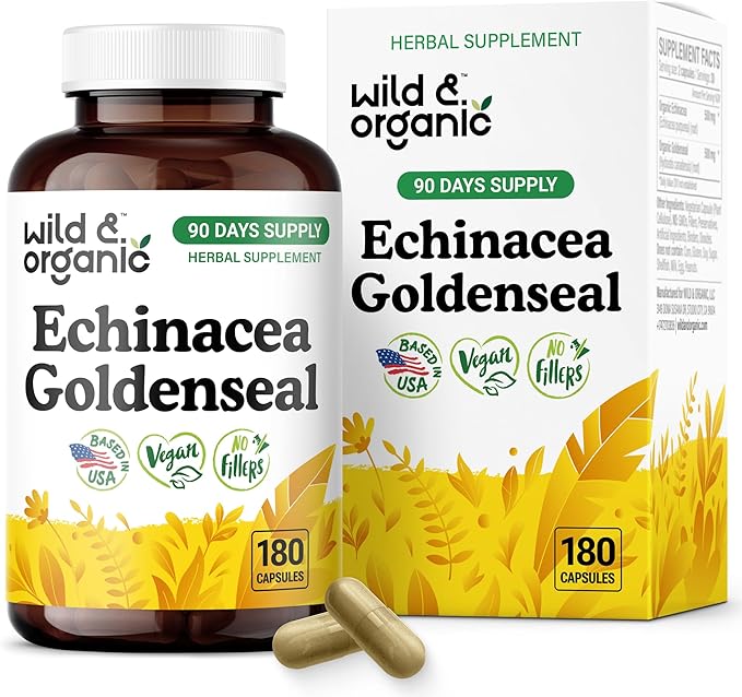 Wild &amp Organic Echinacea Goldenseal Capsules - Immune &amp Lung Support - Echinacea Extract Supplement - Hydrastis Canadensis &amp Purpurea - Vegan No Fillers Non-GMO - 180 Count
