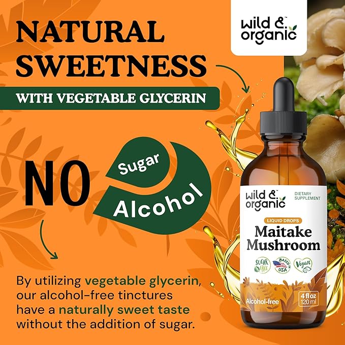 Wild &amp Organic Maitake Mushroom Tincture - Immune Support Supplement - Liquid Maitake Mushroom Extract - Vegan Sugar &amp Alcohol-Free Drops - 4 fl oz