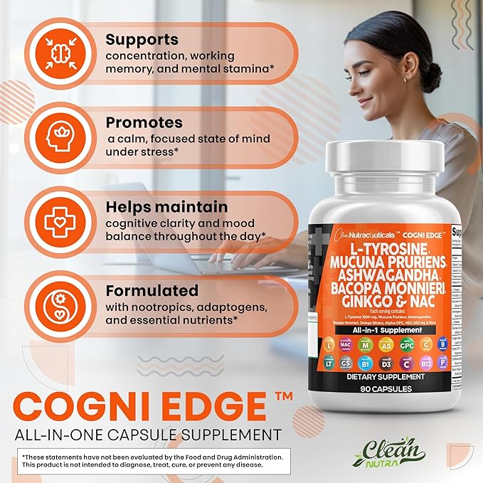 Clean Nutraceuticals L Tyrosine Mucuna Pruriens Bacopa Monnieri Ashwagandha Focus Supplement w/N-Acetyl Cysteine NAC 5-HTP Ginkgo Biloba Alpha GPC Vitamin C D B1 B12 (Pack of 2)