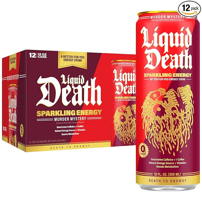 Liquid Death Sparkling Energy - Murder Mystery (Cherry Cream Spice) Zero Sugar Energy Drink Unextreme Caffeine 100mg Essential Vitamins 12 Fl Oz (Pack of 12)