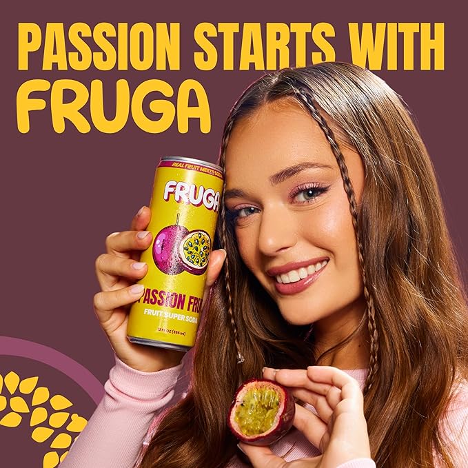 FRUGA Passion Fruit Sparkling Fruit Super Soda Prebiotic Soda Drink Low Calorie Healthy Soda Benefits and Vitamin Boost 12 Fl Oz (Pack of 12)
