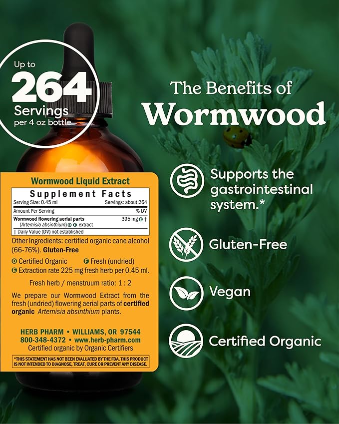 Herb Pharm Certified Organic Wormwood Liquid Extract for Digestive System Support - 4 Ounce