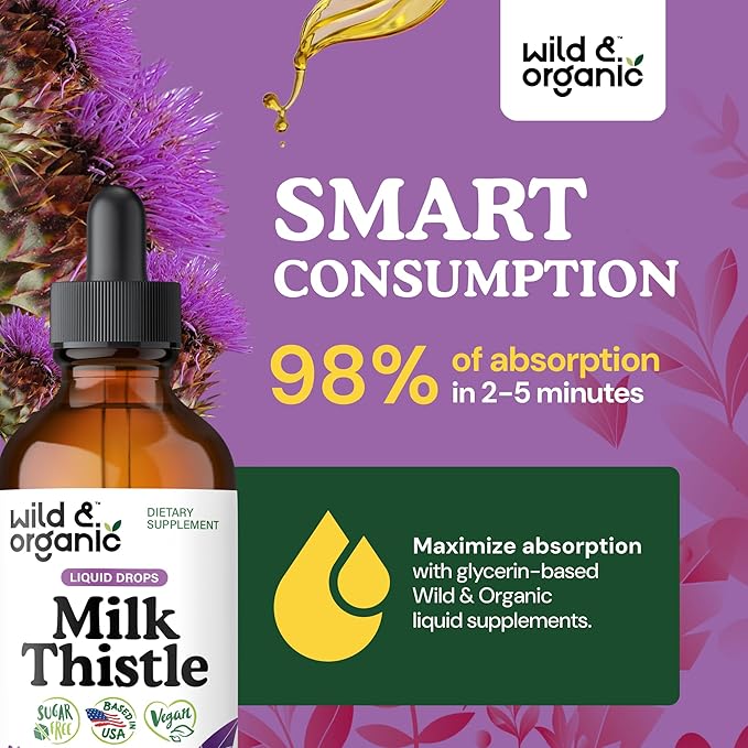 Wild &amp Organic Milk Thistle Liquid Drops - Liver Cleanse Detox - Silymarin Milk Thistle Supplement for Liver Support - Silybum Marianum Seed Extract Tincture - Vegan Sugar &amp Alcohol-Free - 4