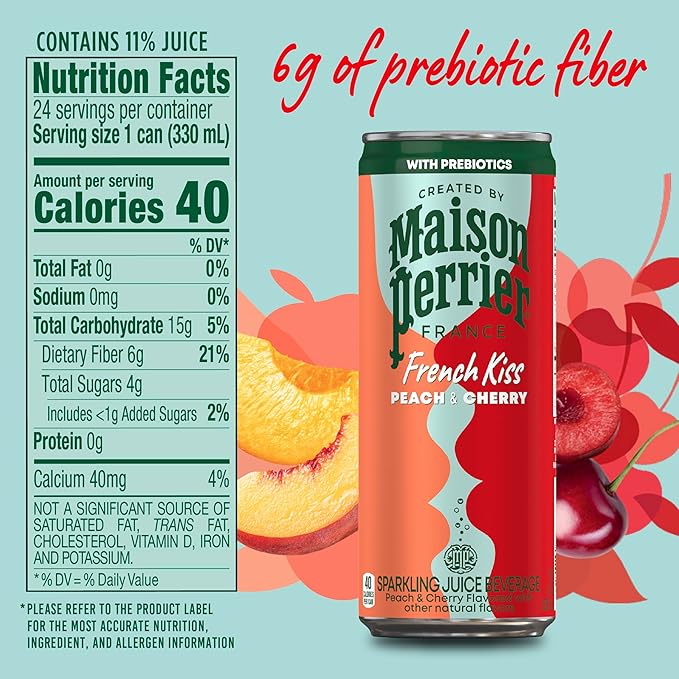 Maison Perrier French Kiss Sweetened Sparkling Juice Beverage Peach &amp Cherry Flavors With Real Fruit Juices 24Pk