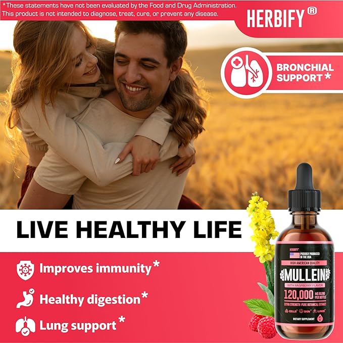 HERBIFY Mullein Drops - Lung Cleanse - Leaf Extract - Powerful Mullein for Immune Support Detox &amp Respiratory Support - Made in USA - 4 Oz Raspberry Flavor