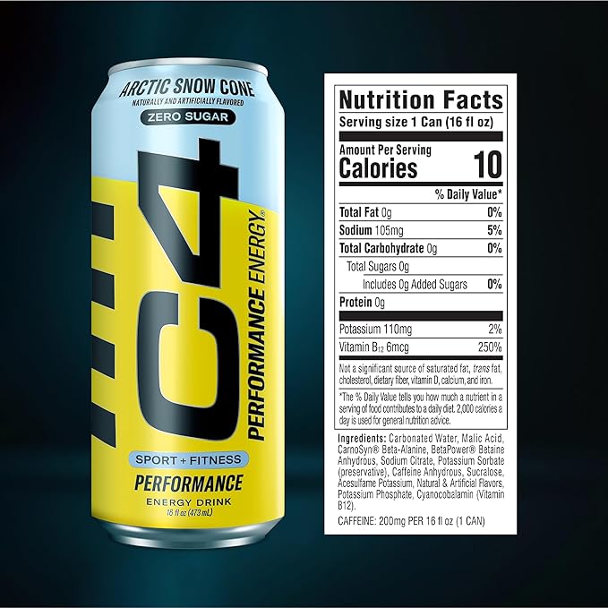 Cellucor C4 Carbonated Zero Sugar Energy Pre Workout Drink + Beta Alanine (NEW) Sparkling Arctic Snow Cone 16 Fl Oz Pack of 12