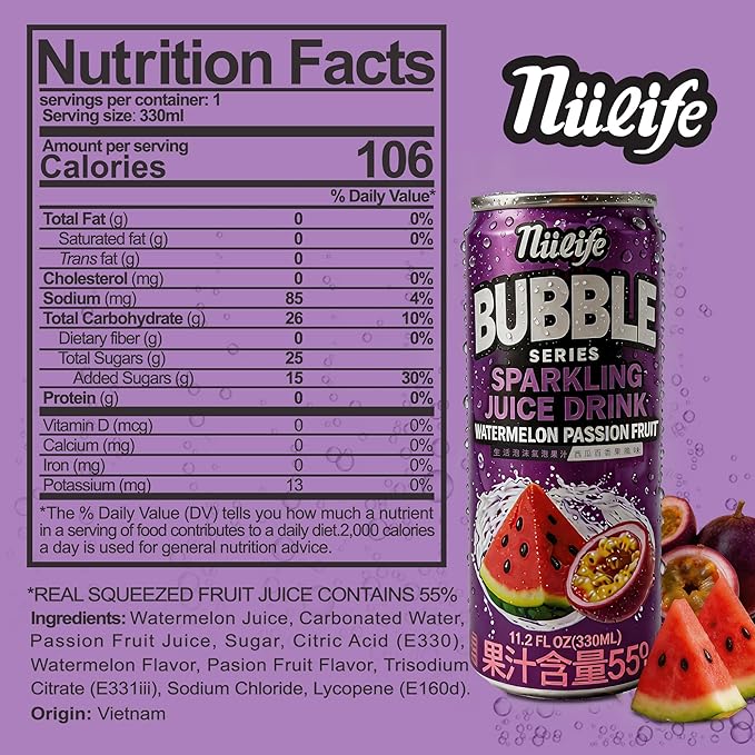 Nülife Bubble Series Sparkling Fruit Juice 55% Real Juice Watermelon Passion Fruit Soda Tropical Carbonated Fruit Water Refreshing Drink Cans 11.2 Fl Oz (Pack of 12)