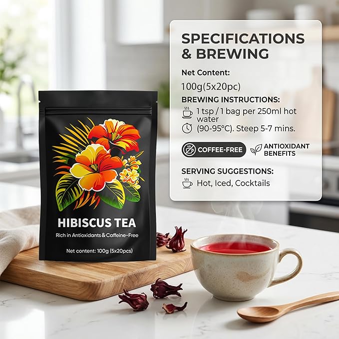 Hibiscus Tea Organic Hibiscus Tea Bags Antioxidant-Rich Rich in Anthocyanins &amp Vitamin C Naturally Caffeine-Free to Soothe the Mind Tart &amp Refreshing Flavor 20 Tea Bags