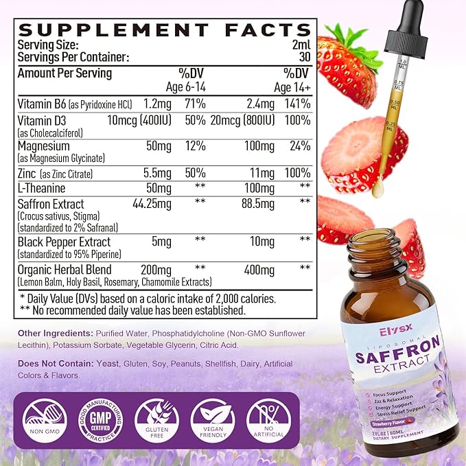 Liposomal Saffron for Kids &amp Adult Organic Saffron Extract Liquid Drops with Holy Basil Rosemary L-Theanine for Stress Focus Energy Support Eye Health Vegan Strawberry Flavor 2 FL OZ