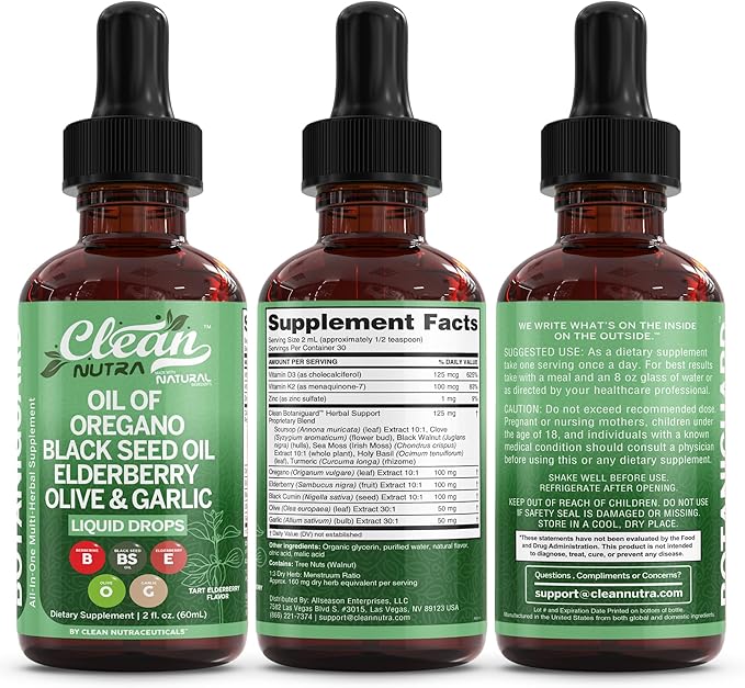 Clean Nutra Oil of Oregano Drops Black Seed Oil Elderberry Vitamin D D3 K2 Olive Garlic Immune Support Supplement Wellness Formula Zinc Supplements Liquid 2 Fl Oz BotaniGuard Vegan Non-GMO