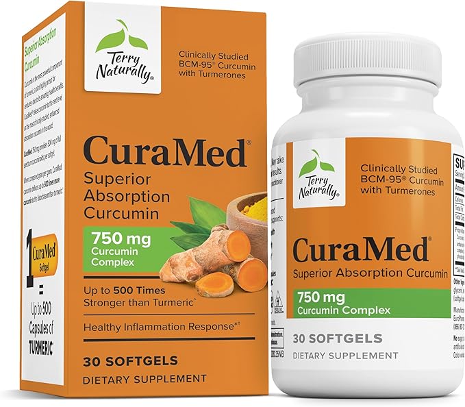 Terry Naturally CuraMed 750mg - Antioxidant Supplement for Brain &amp Heart Health Support - Dietary Supplement with High-Potency Curcumin Complex - Kidney Liver &amp Immune Health Support - 30 Sof