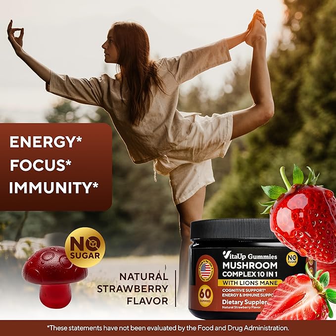 Mushroom Gummies for Adults - USA Made 10 in 1 Mushroom Supplement - Mushroom Complex with Lions Mane Cordyceps Turkey Tail Reishi Shiitake for Cognitive &amp Immune Support - 60 Count