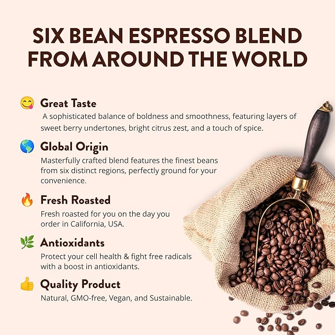6 Bean Espresso Dark Roast Ground Coffee Bold &amp Smooth GMO-Free Vegan Freshly Roasted in California 12 oz.