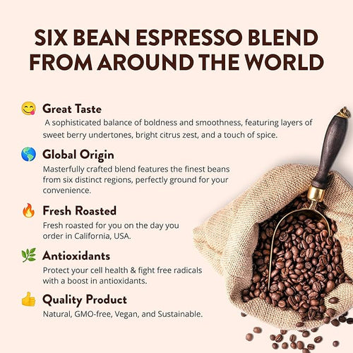 6 Bean Espresso Dark Roast Ground Coffee Bold &amp Smooth GMO-Free Vegan Freshly Roasted in California 12 oz.