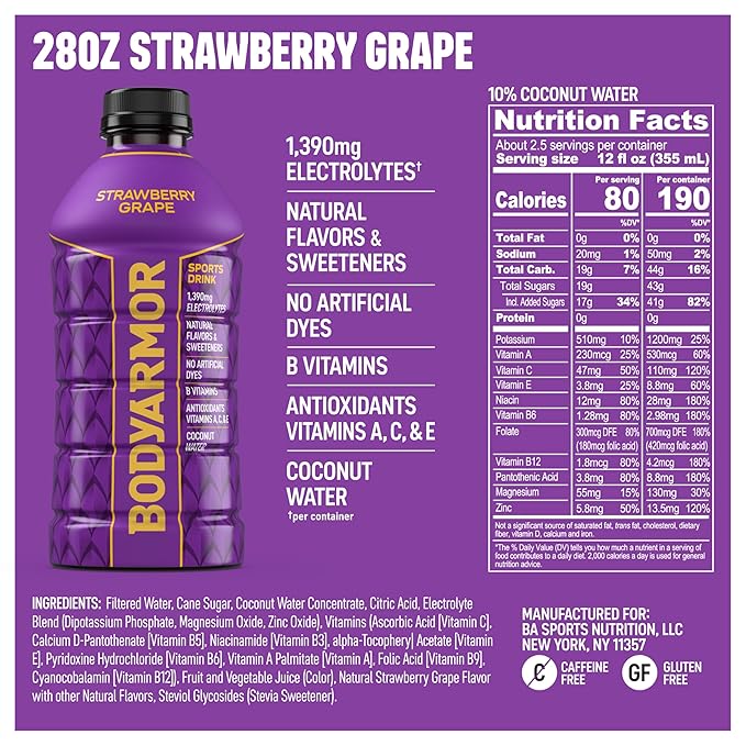 BODYARMOR Sports Drink Strawberry Grape Electrolyte Drink Hydration 28 Fl Oz Bottles (15 Pack) Flavored Coconut Water with B Vitamins &amp Antioxidants