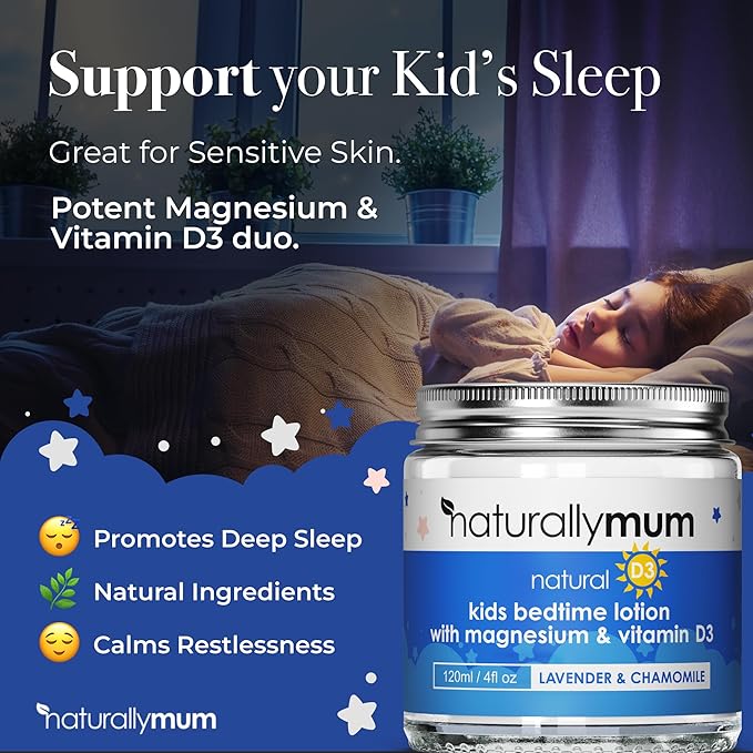 NaturallyMum Kids Magnesium Lotion with Vitamin D and Magnesium Sleepy Bath Soak Bundle - Support for Sleep Heart Bone Nerve Gut and Muscle Health - Lavender &amp Chamomile - 4.2 fl oz &amp 8.8