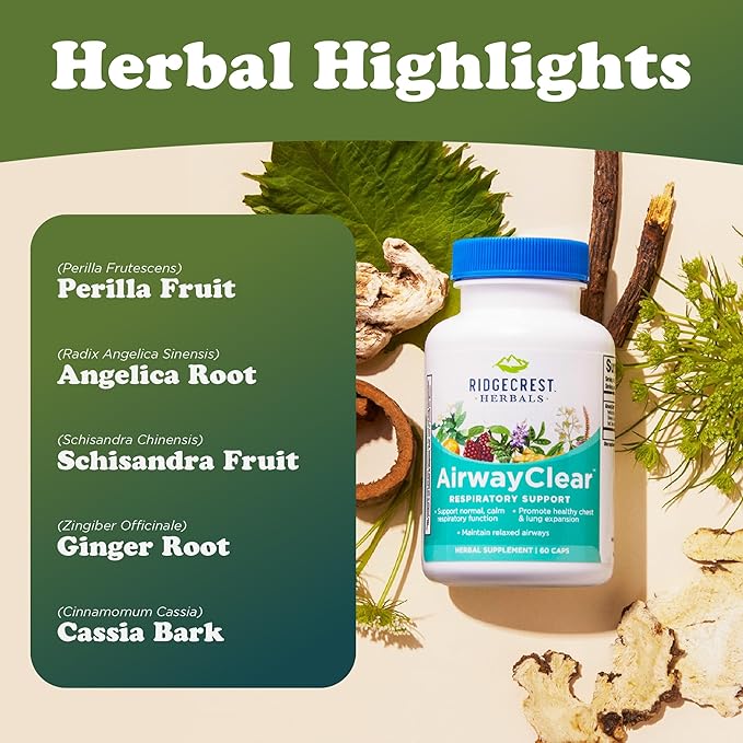 Ridgecrest Herbals AirwayClear Lung Health and Breathing Support Supplements with Schisandra Fruit Cassia Bark and Ginger Root Sinus Mucus Support Gluten Free (60 Vegan Caps 30 Serv)
