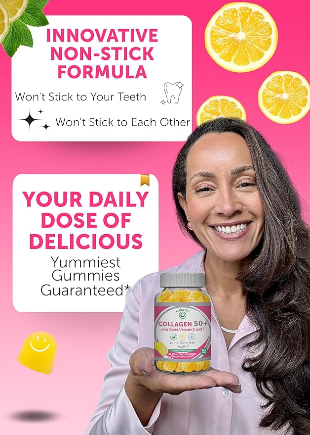 Lunakai USA Manufactured Collagen Gummies for Women &amp Men Over 50 Biotin &amp Vitamin C Supports Skin Elasticity Hair &amp Nail Strength Joint Support 60ct
