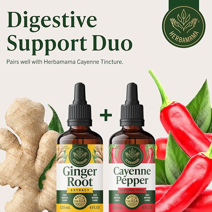 HERBAMAMA Ginger Drops - Vegan Digestive Support &amp Overall Well-Being with Ginger Root Extract Tincture - Non-GMO Alcohol &amp Sugar-Free Liquid Antioxidant Supplement 56-Day Supply