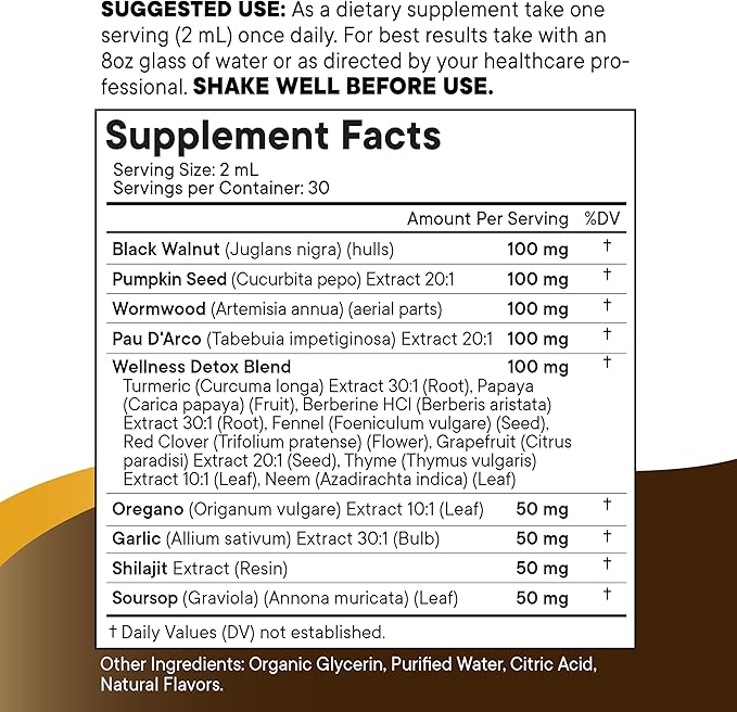 Black Walnut Wormwood Cleanse Drops - Liquid Soursop Garlic Pumpkin Seed PAU D'Arco Oil of Oregano Turmeric Berberine Neem Extract Hull Bark Tincture - - 4oz