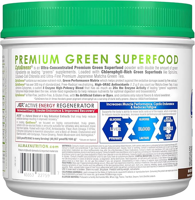 ALLMAX Naturals CytoGreens Super Greens Powder Premium Green Superfood with Greens Superfoods Prebiotic &amp Enzymes Daily Greens Supplement Chocolate 30 Servings