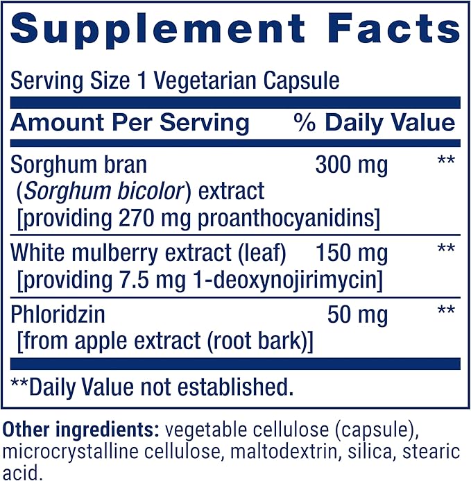 Life Extension Tri Sugar Shield® Sorghum bran White Mulberry phloridzin Apple polyphenol Three Botanical extracts Promote Healthy Glucose Metabolism Gluten-Free Non-GMO Vegetarian 60 Capsules