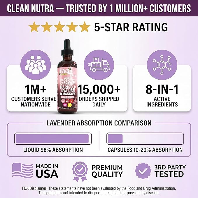 Clean Nutraceuticals VBiotic Vaginal Probiotic for Women Liquid Drops | Cranberry Uva Ursi Horsetail D-Mannose Prebiotics Marigold &amp Black Cohosh Vaginal Health Supplement | pH Balance
