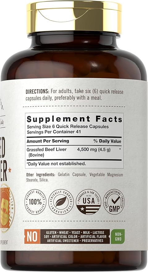 Carlyle Grass Fed Beef Liver Capsules | 4500mg | 250 Count | Desiccated Supplement | Non-GMO Gluten Free | by Herbage Farmstead