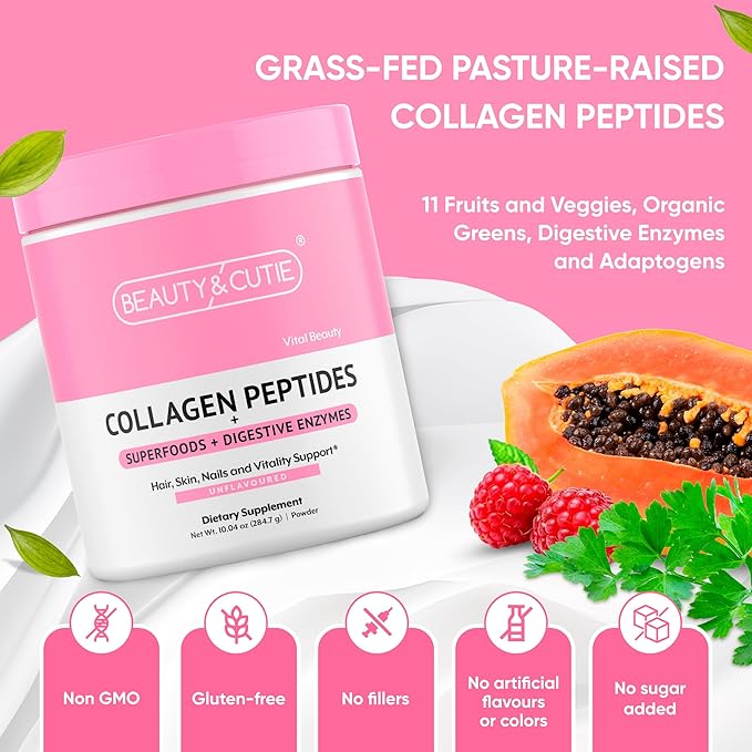 Collagen Peptides with Superfoods and Digestive Enzymes Powder Grass Fed Pasture Raised for Hair Skin Nails and Immune System Support Unflavored Gluten Free10.04 oz