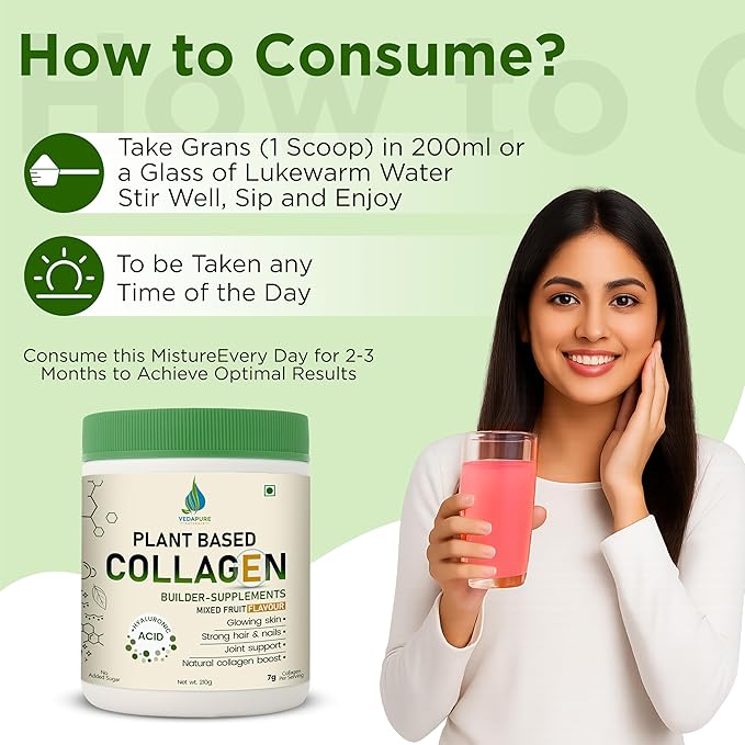 VEDAPURE Plant Collagen Peptides Powder | 7.05 oz Plant Based Vegan Organic Powder peptide Drink Mix with Hyaluronic Acid Biotion Vitamin E &amp C Healthy Skin Joints Hairs Nails