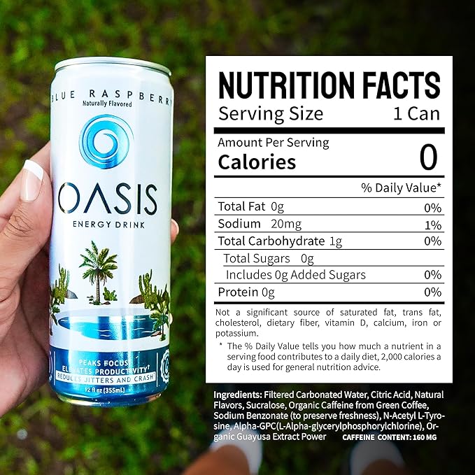 Oasis Energy Drink - Blue Raspberry (12-Pack) Smooth Clean Energy with Focus-Boosting Nootropics Zero Sugar Low-Calorie Vegan Gluten-Free Juicy Fruity Flavor Perfect for Work &amp Daily Workout