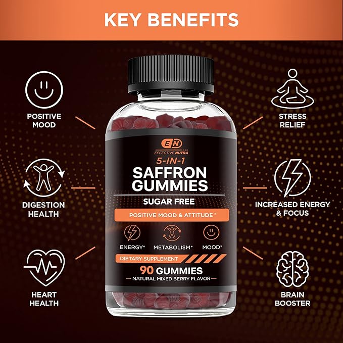 Effective Nutra Saffron Gummies for Adults 88.5mg - Mood Support &amp Stress Relief with GABA Passion Flower - 5-in-1 Formula - Sugar-Free Vegan Non-GMO Made in USA - 90 Count (45-Day Supply)
