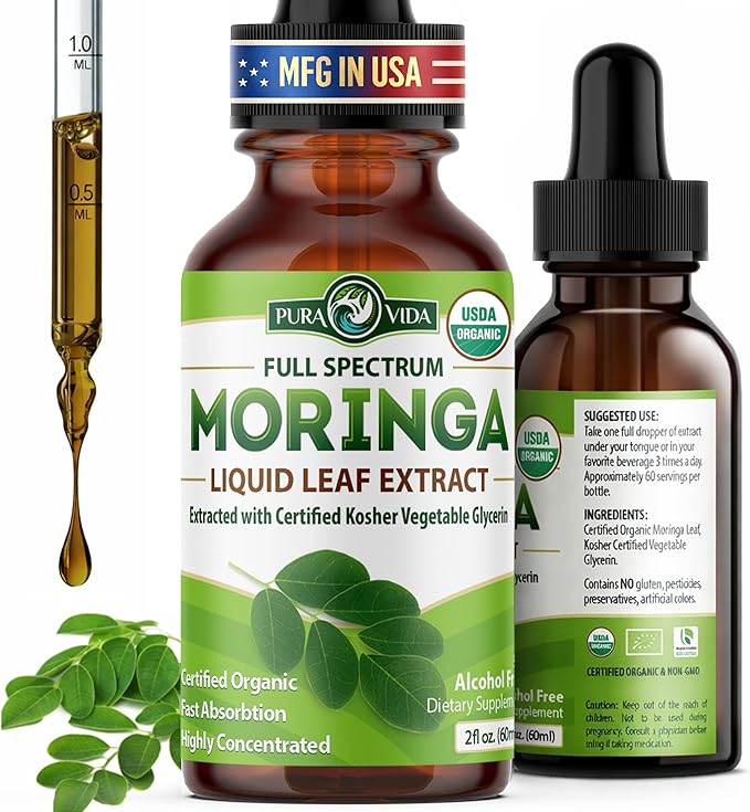 PURA VIDA MORINGA Leaf Extract Liquid Drops - USDA Organic Certified - Highly Purified Bioavailable &amp Faster Absorption than Moringa Powder or Capsules - Single Origin Moringa Oleifera Leaves Ext