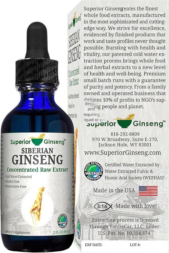 Siberian Ginseng Root Extract - Organic Ingredients &amp Alcohol Free - 2oz - Patented Cold Fulvic Mineral Water Extracted - Adaptogen - Immune Support for People &amp Pets