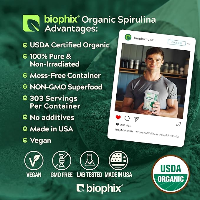 biophix Organic Spirulina Powder 2.2 Lbs 100% Pure Spirulina Blue Green Algae Powder Vegan Non GMO Non-Irradiated USDA Certified Best Protein Superfood