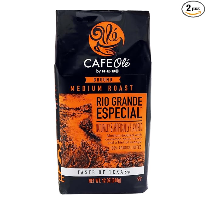 HEB Cafe Ole Rio Grande Especial Ground Coffee (Pack of 2) Cinnamon Orange )12 oz (24 oz Total)