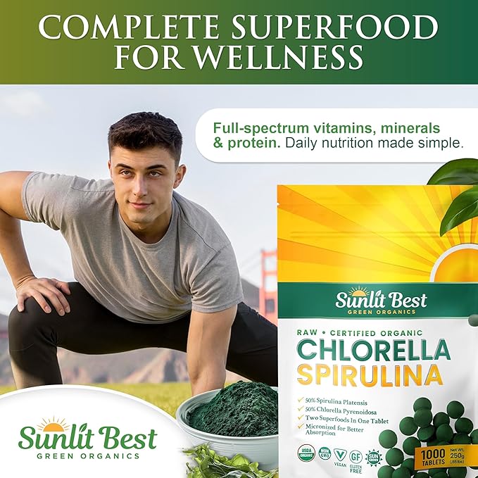 Sunlit Best Chlorella Spirulina Tablets - Organic USDA Premium Spirulina and Chlorella Tablets 1000 Count - Sun Chlorella Pure Natural Superfood with Algae Enzymes Chlorophyll &amp Vegan Protein