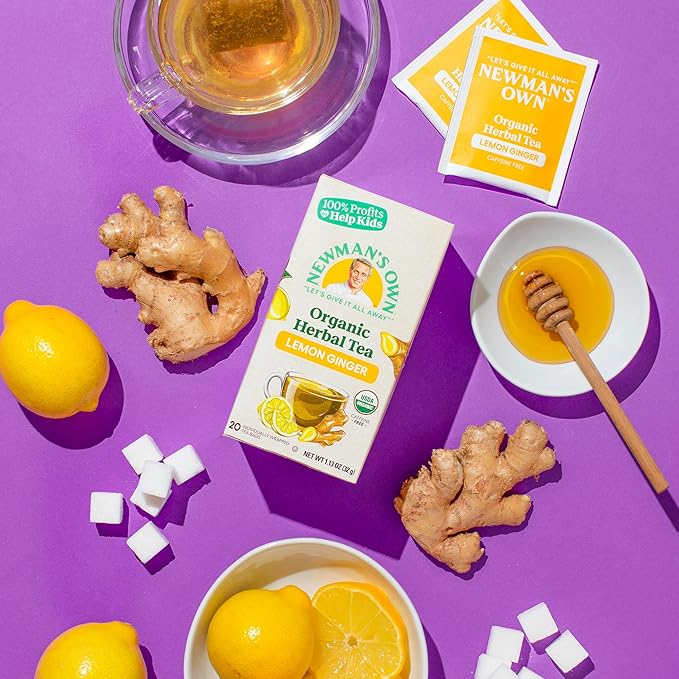 Newman's Own Organic Lemon Ginger Herbal Tea with Rooibos Tea with Organic Ginger 20 Individually Wrapped Tea Bags Per Box (Pack of 6) USDA Certified and Kosher Cinnamon Tea Caffeine-Free