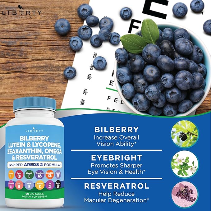 Eye Health Vitamins with Bilberry Lutein &amp Zeaxanthin Lycopene Resveratrol Grape Seed Extract Flaxseed Astaxanthin- AREDS 2-180 Capsules