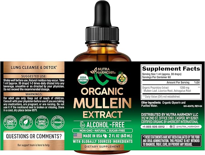 Mullein Drops for Lungs - USDA Organic Liquid - Mullein Leaf Extract Supplement - Made in USA - Lung &amp Bronchial Cleanse for Smokers - Respiratory Health Support - As Tincture Tea Pills - 2 fl o
