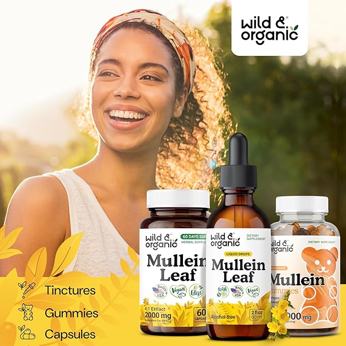 Wild &amp Organic Mullein Drops for Lungs - Herbal Detox and Cleanse - Mullein Leaf Extract for Lungs with Echinacea - Verbascum Thapsus Tincture - Vegan Sugar &amp Alcohol-Free Liquid Supplement -