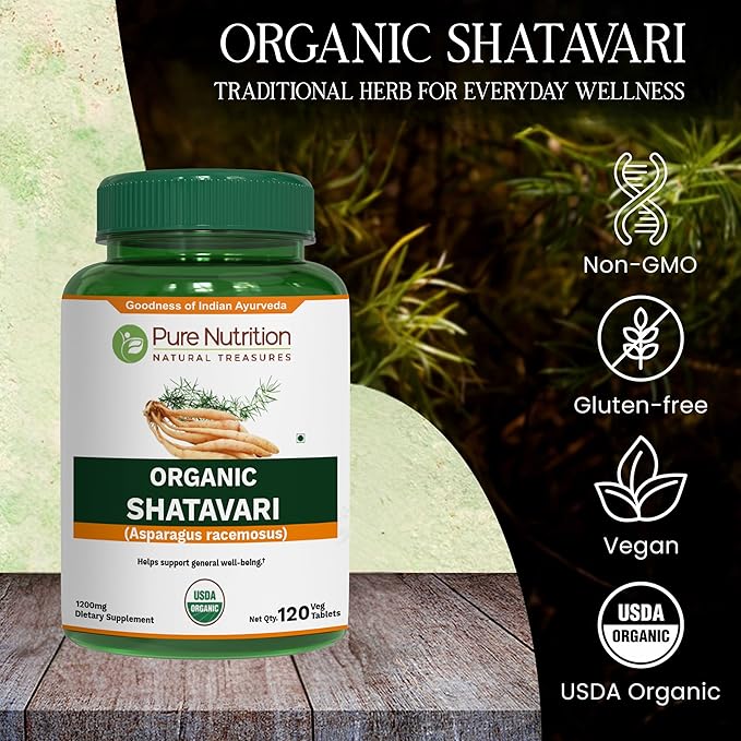 Pure Nutrition Organic Shatavari Tablets - 1200mg | 120 Count | USDA Organic | Promotes hormonal Balance &amp Female Reproductive Health | Non-GMO | Gluten-Free