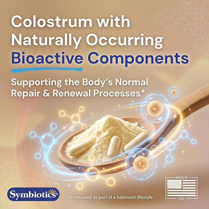 Symbiotics Colostrum Vegetable Capsules 120 Count - Immune &amp Gut Support with Lactoferrin and Naturally Occurring IgG - Gluten Free rBST-Free - 120