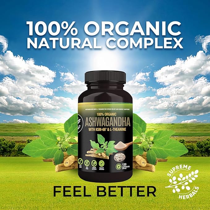 Organic Ashwagandha Capsules 500 mg with KSM-66® &amp L-Theanine 120 Veggie Capsules – Non-GMO Gluten-Free Soy-Free – Withania Somnifera Herbal Supplement