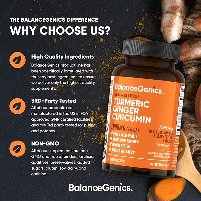 Turmeric Curcumin Supplement with Black Pepper &amp Ginger Root 1000mg | Optimized Formula 95% Curcuminoids Curcuma | Joint Health &amp Inflammation Support | 60 Capsules Powder Filled